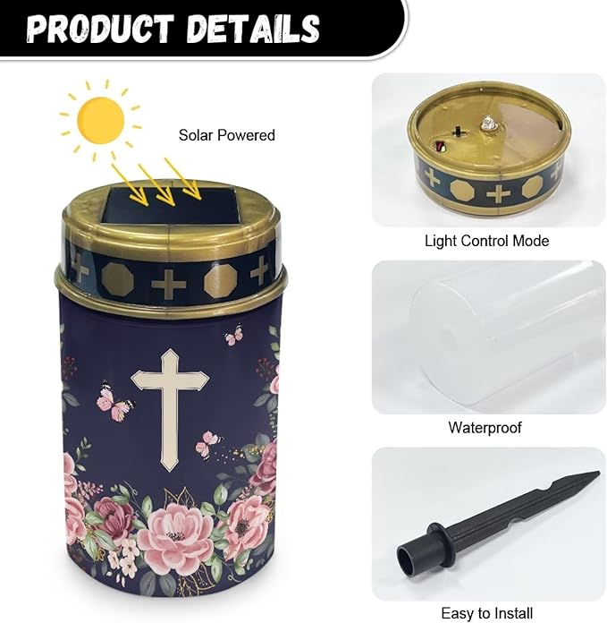 Floral Cross Solar Garden Lights Outdoor - Decorative Stake for Landscape, Cemetery, Grave - Decorate Lawn, Patio, Fence, Backyard