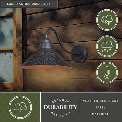 VAXCEL Outland 9.5 in. H 1-Light Aged Iron and Light Gold Dusk to Dawn Sensor Farmhouse Outdoor Wall Sconce, Gooseneck Metal Shade, Dark Sky Compliant for Exterior Porch Patio Front Door or Garage