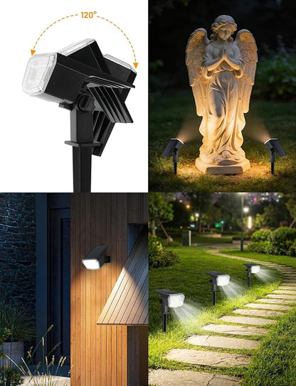 Solar Spot Lights Outdoor Waterproof, 4 Pack Solar Powered Garden Lights, 59 LED 4 Lighting Modes, Outside Yard Garden Landscape Lighting, 6500K White Light, 2-in-1 Auto On/Off Pathway Wall Light