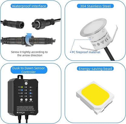 Recessed Deck Stair Lighting with Timer Photocell Sensor Transformer, Dimmable, Low Voltage LED Step Riser Lights IP67 Waterproof φ1.26 12V Warm White Patio Kit Decorations, 16 Pack