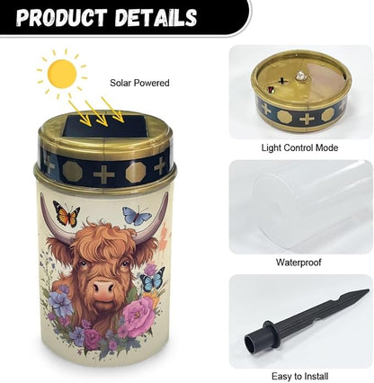 ZOUTAIRONG Solar Light for Cemetery Grave 2 Pack Solar Garden Lights Solar Lights Outdoor Garden Solar Pathway Lights Outdoor Cemetery Solar Lights for Grave Solar Lights Highland Cattle Print