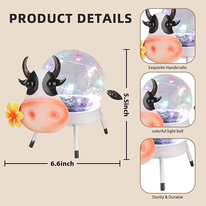Solar Lights Outdoor Dairy Cow Decor with Crackle Glass Globe Lights - Cute Metal Cow Decor - Garden Figurine Light | Lumora