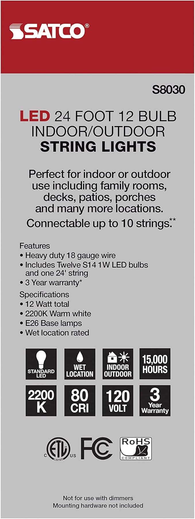 Satco S8030 LED Indoor/Outdoor String Lights, Black, S14 Bulbs, 24 Feet (Pack of 1)
