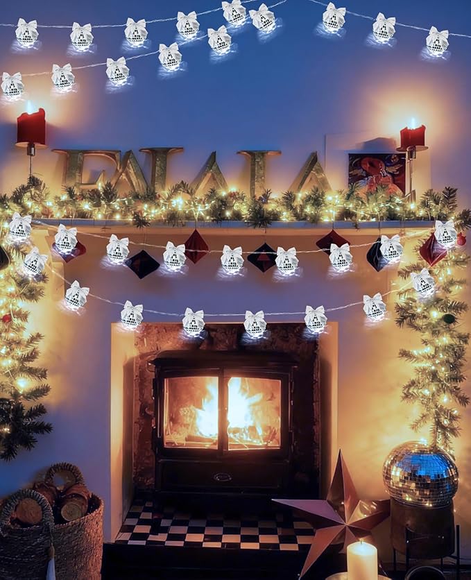 AceList 20 LED 9.8Ft Disco Ball String Lights with Silver Bows, Christmas Tree Disco Decor, Dual Power Disco Lights for Fireplace, Window, Stairs, or Holiday Party (Silver)