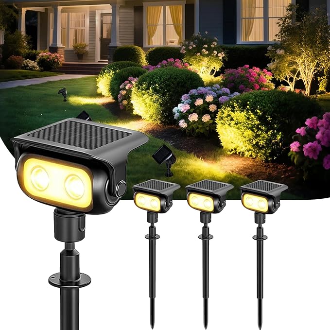 Solar Spot Lights Outdoor Waterproof IP67, Warm White Landscape Lighting with 2 Brightness Mode, Fast-Charge HPBC Panel, Spotlights for Yard, Garden, Pathway
