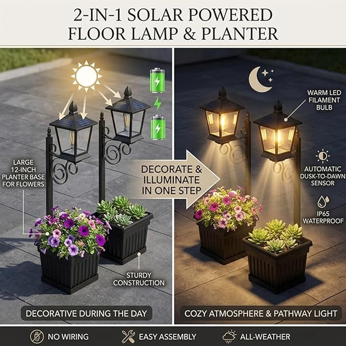2-in-1 Outdoor Solar Lamp Post Light with Planter: Illuminate & Decorate Your Garden, 2-in-1 Solar Lamp Post with Planter, Solar Post Light with Planter, for Patio, Front/Back Door Decor (2 Set)