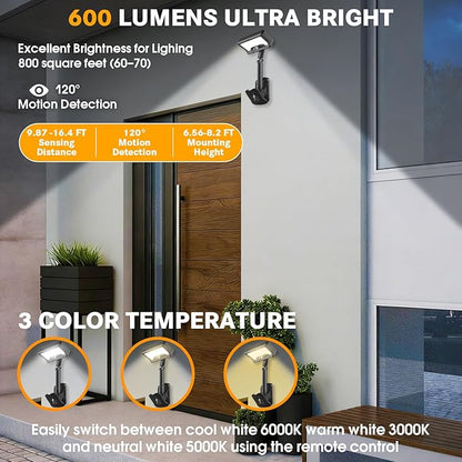Pacify Clip On Solar Lights Outdoor with Motion Sensor, 92 LEDs 600LM Solar Fence Lights IP65 Waterproof, Adjustable Security Lights for Gutter Deck Yard (2 Pack with Remote Control Adjusts 3 Colors)