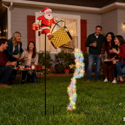Christmas Santa Solar Kettle Lights, Waterproof Solar Watering Can with Cascading Lights, Garden Lawn Decorative Light, Hanging Metal Solars Santas Watering Can Led Light for Yard Pathway