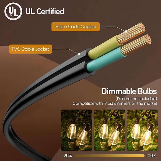 Outdoor String Lights 50 FT 26 Shatterproof LED Bulbs, UL Certified Patio Lights Outdoor Light Strings Waterproof for Patio Yard Outside Party Wedding, Connectable Dimmable 25 Sockets 2700K