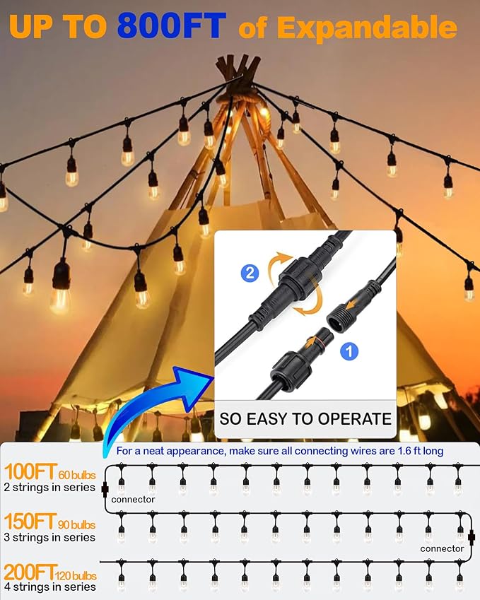 50FT Outdoor String Lights for Patio, Balcony & Porch – 32 LED Edison Bulbs (1.6FT Spacing), Dimmable Heavy-Duty Patio Lights for Backyard, Gazebo, Bistro, Camping, Party and Garden Decor