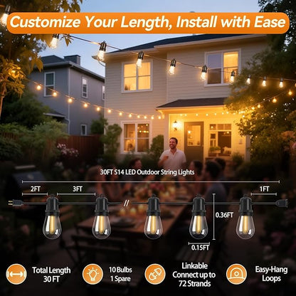 30FT LED Outdoor String Lights Dimmable Shatterproof S14 Bulbs IP44 Weatherproof Hanging Lights for Small Patio Balcony Tent DIY Project