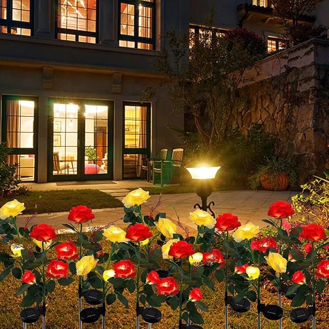 Solar Lights Outdoor Garden Decorations Solar Rose Flower Lights with 6 Rose Flowers Waterproof for Garden Patio Yard Pathway Decorations 7 Colors Changing (2 Pack)