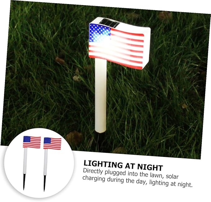 2pcs Solar Garden Path Lights American Flag LED Outdoor Lawn Lamp with Ground Plug for Independence Day Decoration Random Color