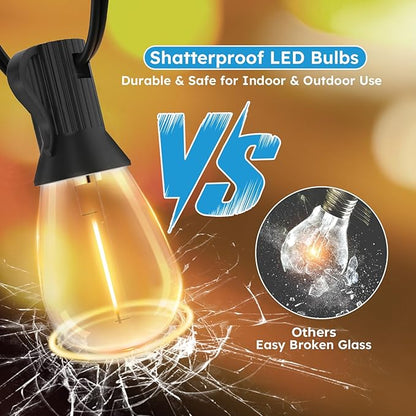 LED Outdoor String Lights, 50FT Waterproof Patio Lights with 16 Shatterproof S11 Plastic Bulbs, 2700K Warm White Edison Hanging Lights for Backyard, Garden, Porch, Bistro