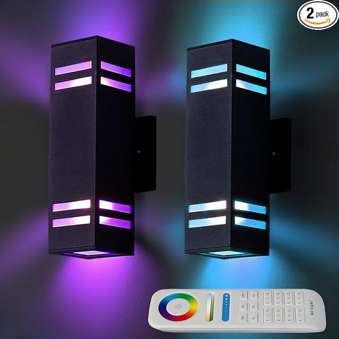Up Down Wall Sconce RGB Color Changing Lights 1200lm, Dusk to Dawn Outdoor Lighting Fixture 2 Pack, Milight Remote | Lumora
