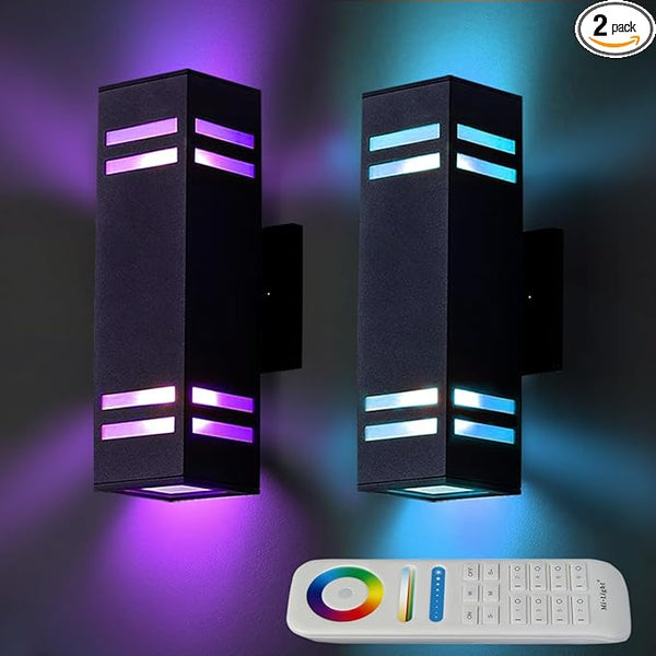 Up Down Wall Sconce RGB Color Changing Lights 1200lm, Dusk to Dawn Outdoor Lighting Fixture 2 Pack, Milight Remote | Lumora