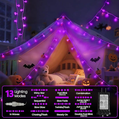 LORRYTE Connectable Purple Halloween Lights Outdoor Indoor - 43FT 100LED Globe String Lights Plug in with Timer, 13 Modes Fairy Light Waterproof for Party Halloween Decorations Bedroom Decor