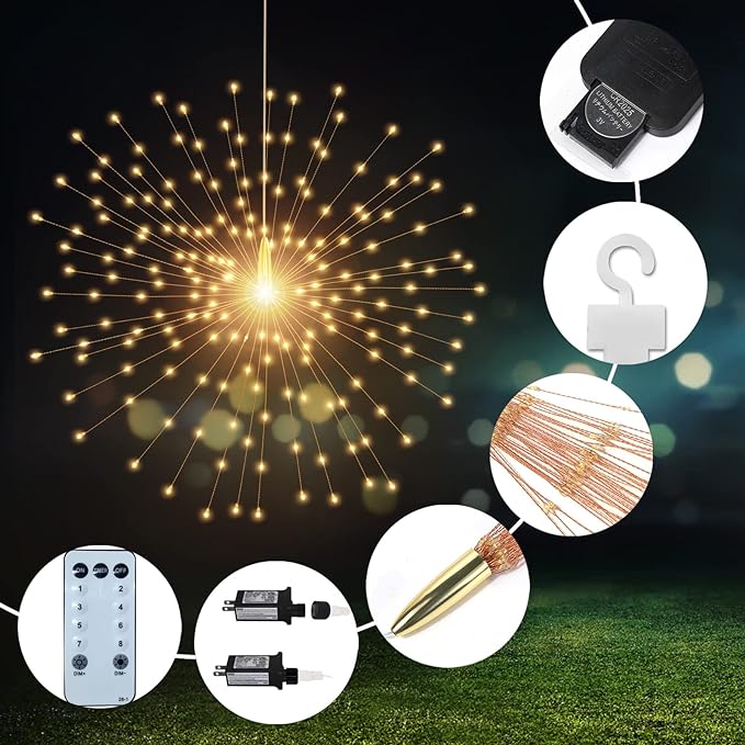 3 Pack 600 LED Plug-in Starburst Lights, Firework Light 8 Modes Dimmable Remote Control Waterproof Hanging Fairy Lights, Copper Wire Light for Patio Party Tent Halloween Christmas Decor (Warm White)