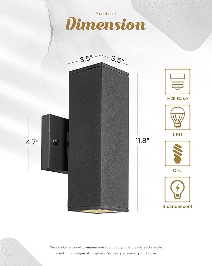 Ken & Ricky Outdoor Wall Light Fixture,Exterior Lighting Fixtures,Dusk to Dawn Modern Sconce Lights for Porch Patio Garage Front Door (Black,Square,with Sensor,1PK)