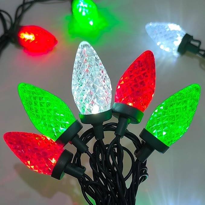 25Ft LED Red White and Green Christmas Lights Outdoor, C9 Vintage Christmas Lights with 25 LED Red Green White String Light, Plug in Strawberry Light for Indoor Outside Roofline Xmas Tree Decor