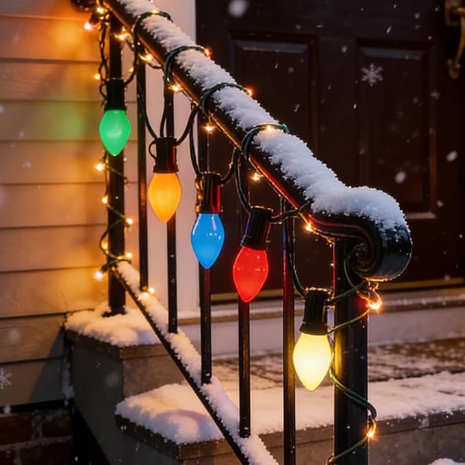 50Ft LED Christmas Outdoor String Lights, C7 String Lights with 27 0.6W Ceramic Multicolor Bulbs, Vintage Christmas Lights for Holiday Party Backyard Wedding Garden Patio Porch Decor