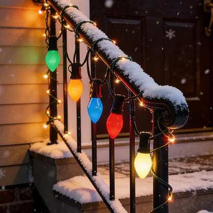50Ft LED Christmas Outdoor String Lights, C7 String Lights with 27 0.6W Ceramic Multicolor Bulbs, Vintage Christmas Lights for Holiday Party Backyard Wedding Garden Patio Porch Decor