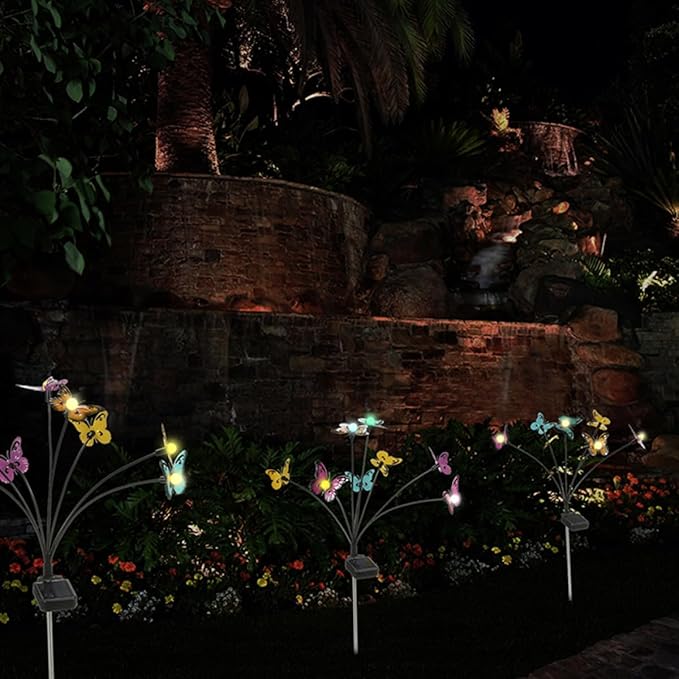 2pcs Solar Powered Butterfly Yard Path Lights Outdoor Garden Landscape Decorative Warm White Stake Lamps for Patio Lawn Solar Garden Decorations