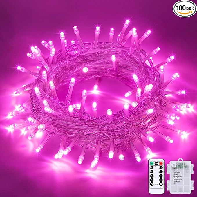 JMEXSUSS 33ft 100 LED Pink Battery Operated Lights with 8 Modes Remote, Pink String Lights Indoor Outdoor, Christmas String Light for Bedroom House Tree Party Porch Decor