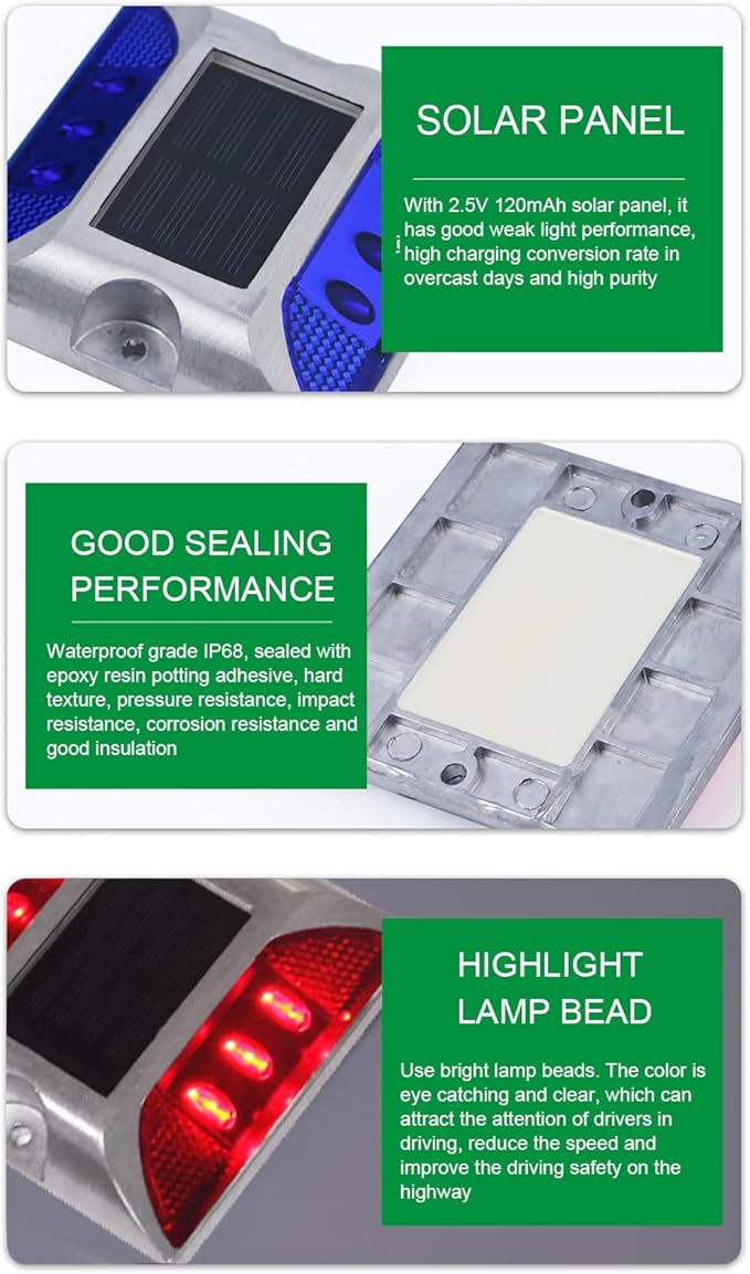 Solar Driveway Lights, Cast Aluminum IP68 Light with 72H Runtime for Pathway and Highway Marking (Red)