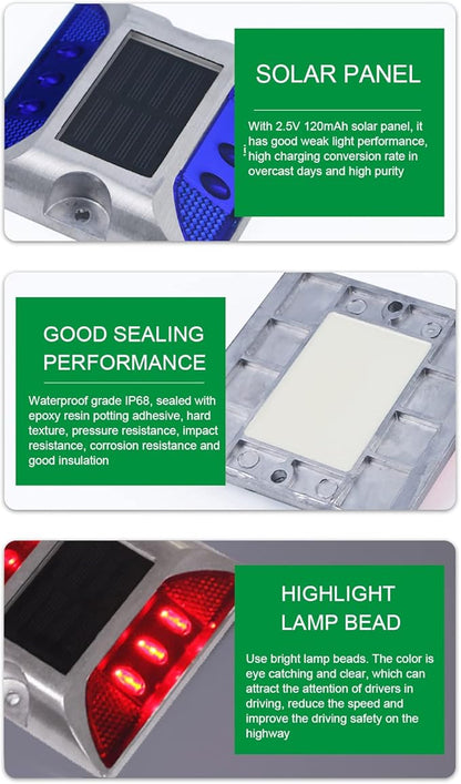 Solar Driveway Lights, Cast Aluminum IP68 Light with 72H Runtime for Pathway and Highway Marking (Red)