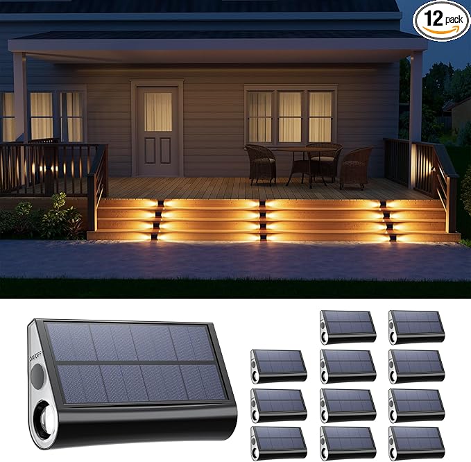 12 Pack Solar Powered Stair Lights Outdoor Waterproof Warm White Lamps for Deck Step Safety Outside Decorative LED | Lumora
