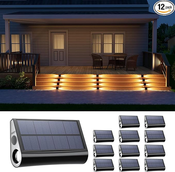 12 Pack Solar Powered Stair Lights Outdoor Waterproof Warm White Lamps for Deck Step Safety Outside Decorative LED | Lumora
