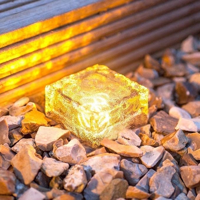 Solar Ice Glass Light,2 Packs Solar Powered Garden Lights, Waterproof IP68 Outdoor Table & Path Lights, Decorative Ice Cube for Yard (Warm White)