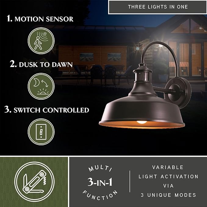 VAXCEL Dorado Outdoor Steel Wall Light with Motion Sensor, 12" W x 12.25" H Rustic Farmhouse Gooseneck Wall Sconce for Porch, Patio, Deck, or Front Door, Bronze