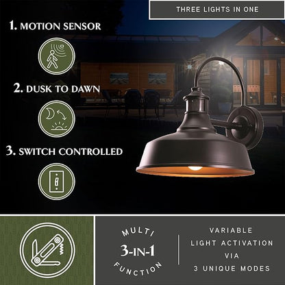 VAXCEL Dorado Outdoor Steel Wall Light with Motion Sensor, 12" W x 12.25" H Rustic Farmhouse Gooseneck Wall Sconce for Porch, Patio, Deck, or Front Door, Bronze