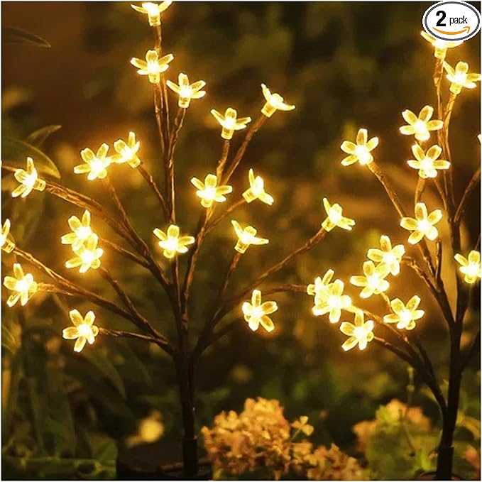 WXZQHF Solar Garden Lights Outdoor, 20 LED Cherry Blossom Lights with Adjustable Stems, Multi-Color Solar Flower for Yard, Lawn, Patio & Pathway (IP65 Waterproof) (Warm White Cherry - 2 Pack)