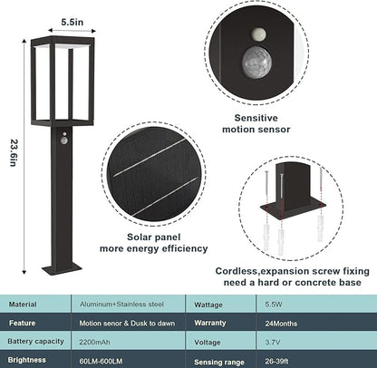 Solar Landscape Path Lights 24in Outdoor Waterproof Modern Driveway Lights,LED Motion Sensor Garden Lamp Bollard Light 3000K 600LM for Walkway Yard Patio Lawn,Black