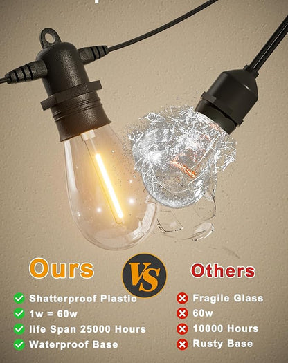 30FT LED Outdoor String Lights with 10+1 Edison Shatterproof IP65 Waterproof Bulbs, 2700K Dimmable Commercial Grade Patio Lights, Heavy Duty Outside Hanging Lights for Garden Porch Decor