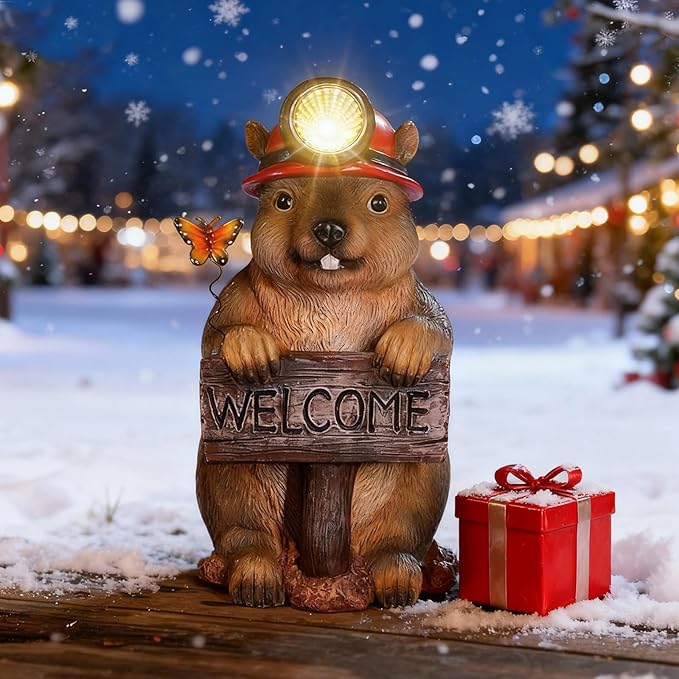 Groundhog Welcome Garden Statue with Solar Headlamp – Funny Animal Outdoor Yard Decor with LED Light and Butterfly – Waterproof Resin Garden Ornament for Patio, Lawn, Pathway