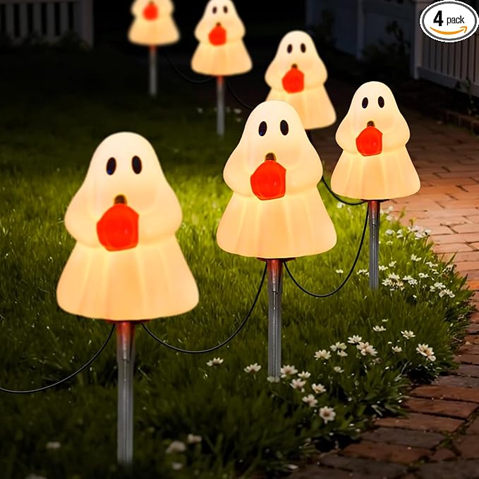 Halloween Ghost Pathway Lights Outdoor, 7Ft C7 Halloween Decorations Pathway String Lights with 4 Elves Holding Pumpkin Walkway Lights Waterproof, Plug-in Night Lights for Porch Yard Patio Garden