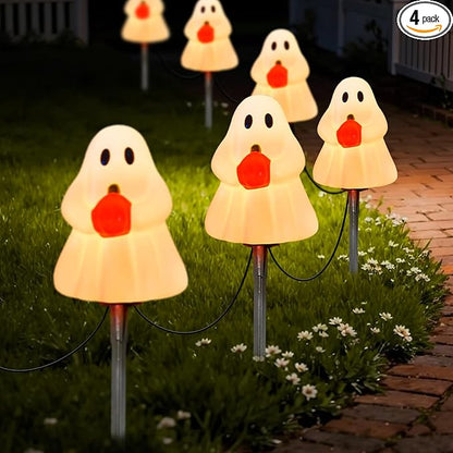 Halloween Ghost Pathway Lights Outdoor, 7Ft C7 Halloween Decorations Pathway String Lights with 4 Elves Holding Pumpkin Walkway Lights Waterproof, Plug-in Night Lights for Porch Yard Patio Garden