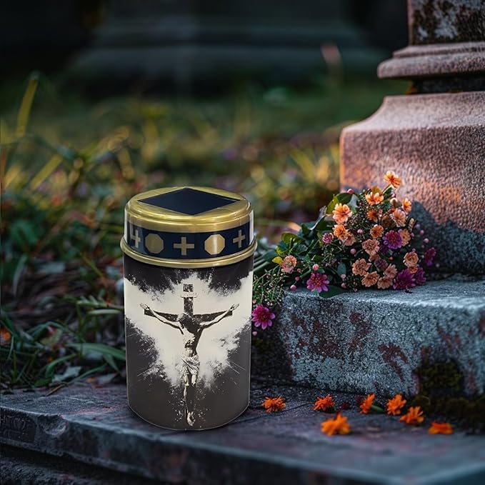 Poceacles Cross Solar Lights Set of 4 Outdoor Waterproof Cemetery Lights Solar Powered Grave Solar Lantern Outdoor Waterproof Walkway Lights for Lawn Garden Pathway, God Cross Black White
