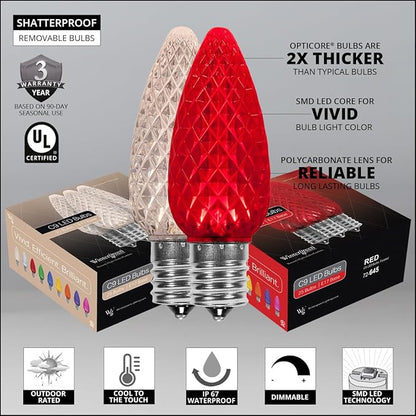 Wintergreen Lighting C9 OptiCore LED Red and Warm White Christmas Lights – Commercial Outdoor Heavy Duty Bulbs; 18 Gauge White Wire (100 Lights, 100 Ft)