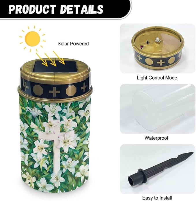 Cross Lily Print Cemetery Solar Lights Solar Garden Stake Lights Outdoor Stake Metal Lights Waterproof for Garden Lawn Patio or Courtyard