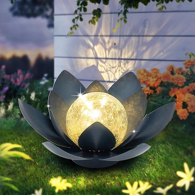 Huaxu Solar Lights Outdoor Garden Decor Crackle Glass Globe Lotus Flower Gray Metal Waterproof Light for Patio | Lumora