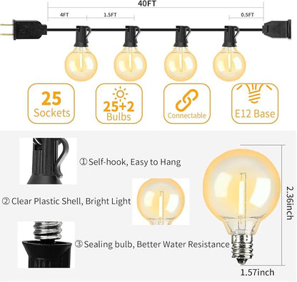 40FT LED Outdoor String Lights Waterproof, G40 LED Globe Outdoor Lights for Patio with 27 Edison Vintage Shatterproof Bulbs, Connectable Backyard Lights for Garden, Bistro, Porch, Cafe
