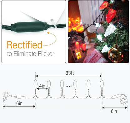 Brizled Red & White Christmas Lights, 33ft 50 LED Faceted C9 String Lights Outdoor, Linkable Christmas Tree Light, UL Certified Indoor Xmas Light Waterproof for House Roof Xmas Valentine's Day Party