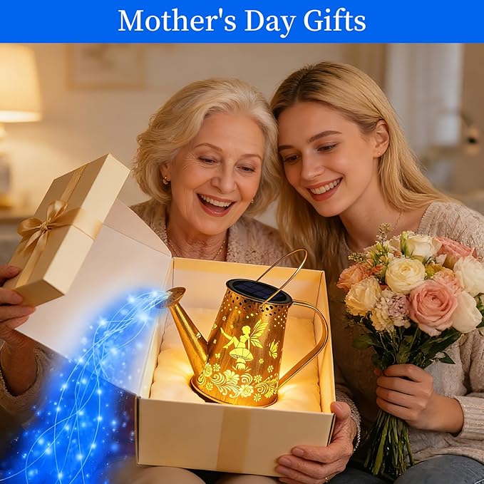 YJFWAL Solar Watering can with Lights, Unique Gifts for Mom Grandma Women Birthday, Waterproof Gardening Gifts Watering Can with Cascading Lights Outdoor Decor for Garden Patio Yard Pathway (Blue)
