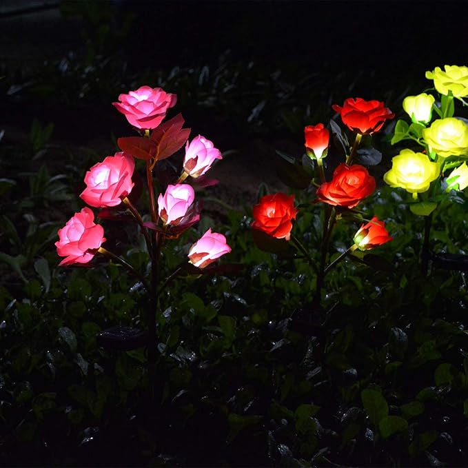 [Upgraded 6 Flowers]Solar Garden Decorative Artificial Flowers Lights, Outdoor Waterproof Rose Stake Light for Country Yard Front Porch Step Pathway Memorial Cemetery Grave Gravesite Decor,Pink