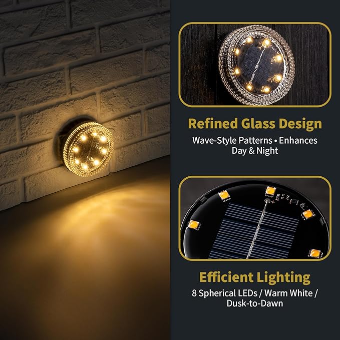 Glass Solar Step Lights with Wave Style, Modular-Design Waterproof Outdoor Fence Lights for Stairs Step Yard Patio Garden Wall Pathway, Decorative Patio Table Lighting, Warm White (4 Pack)